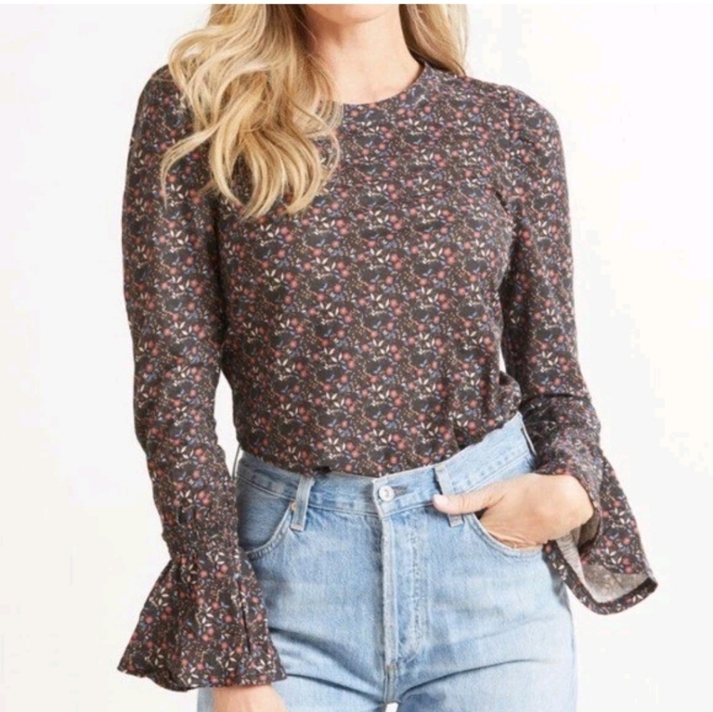 Nation Ltd Floral Long-Sleeve Ruffle Cuff Top - Black Multi